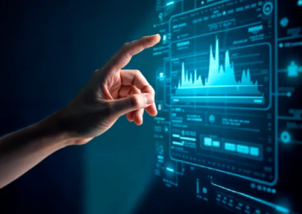 The image shows a hand reaching toward a monitoring dashboard meant to represent measuring performance