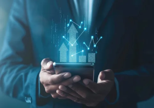 The image shows a person holding a phone. Coming out of the phone are glowing arrows meant to represent a bar graph of performance 