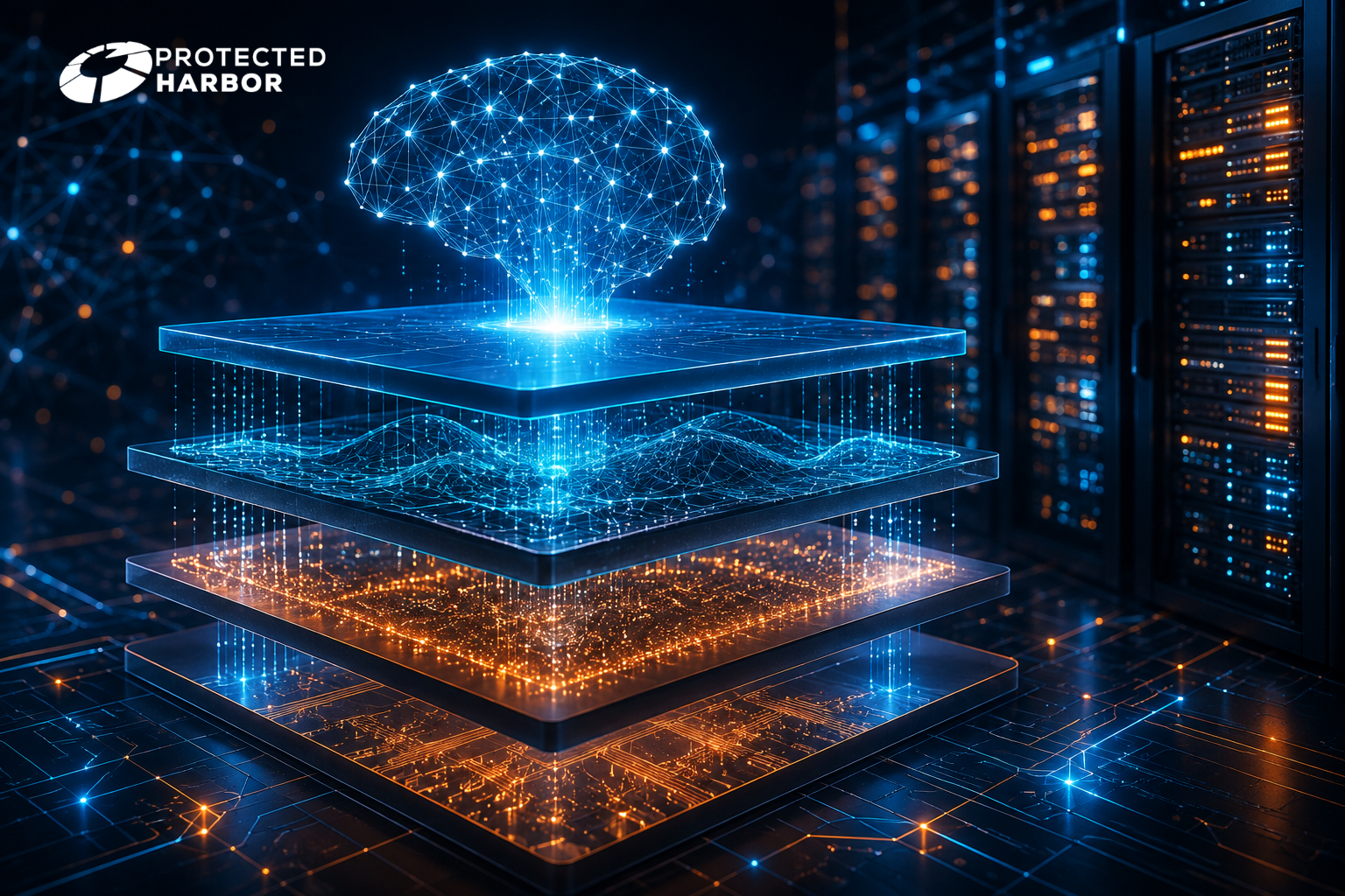 How to prepare a solid foundation for AI. The image shows a glowing layered neural network inside of a data center