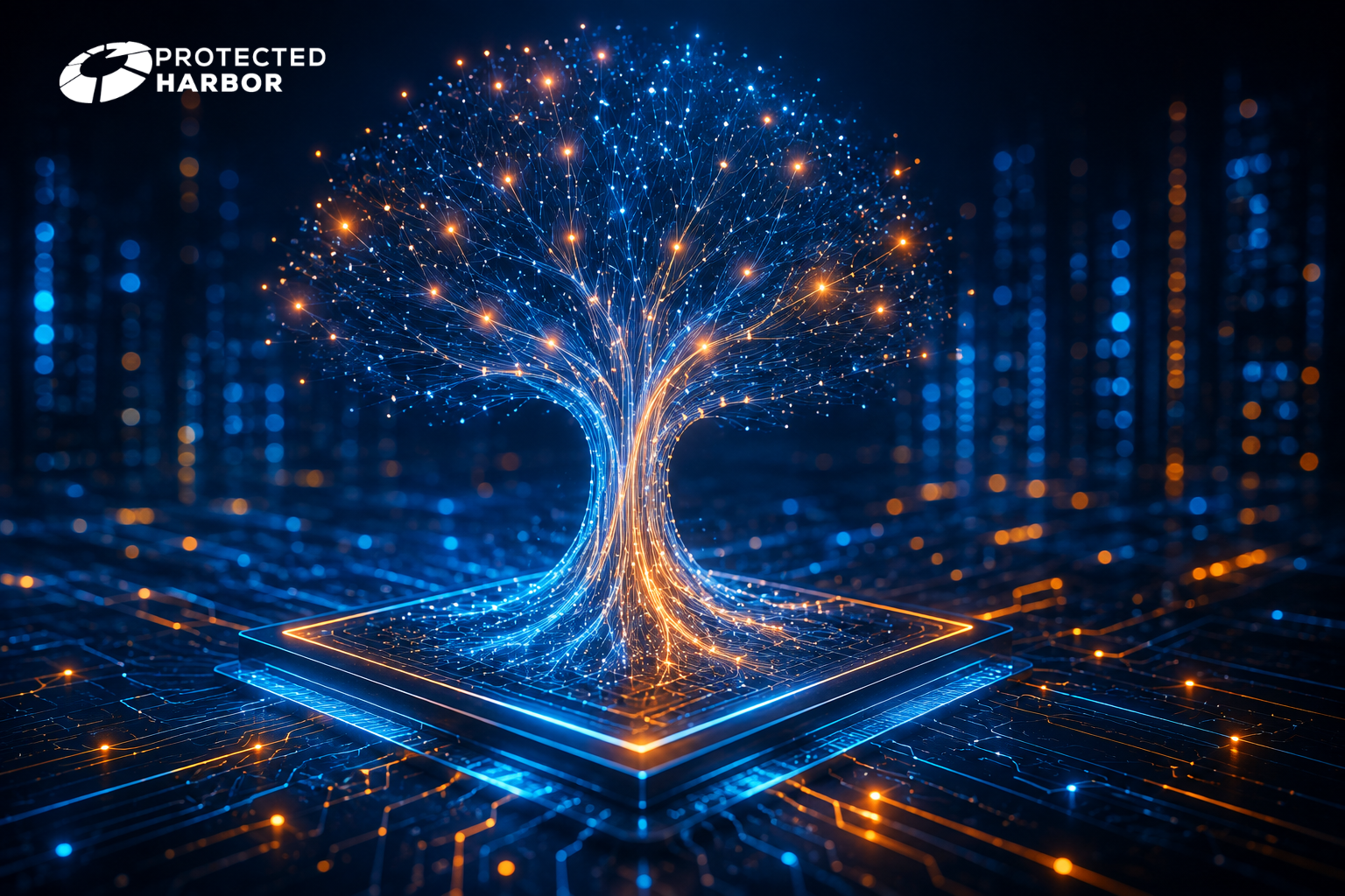 How to prepare a solid foundation for AI. The image shows a glowing data tree on a microchip