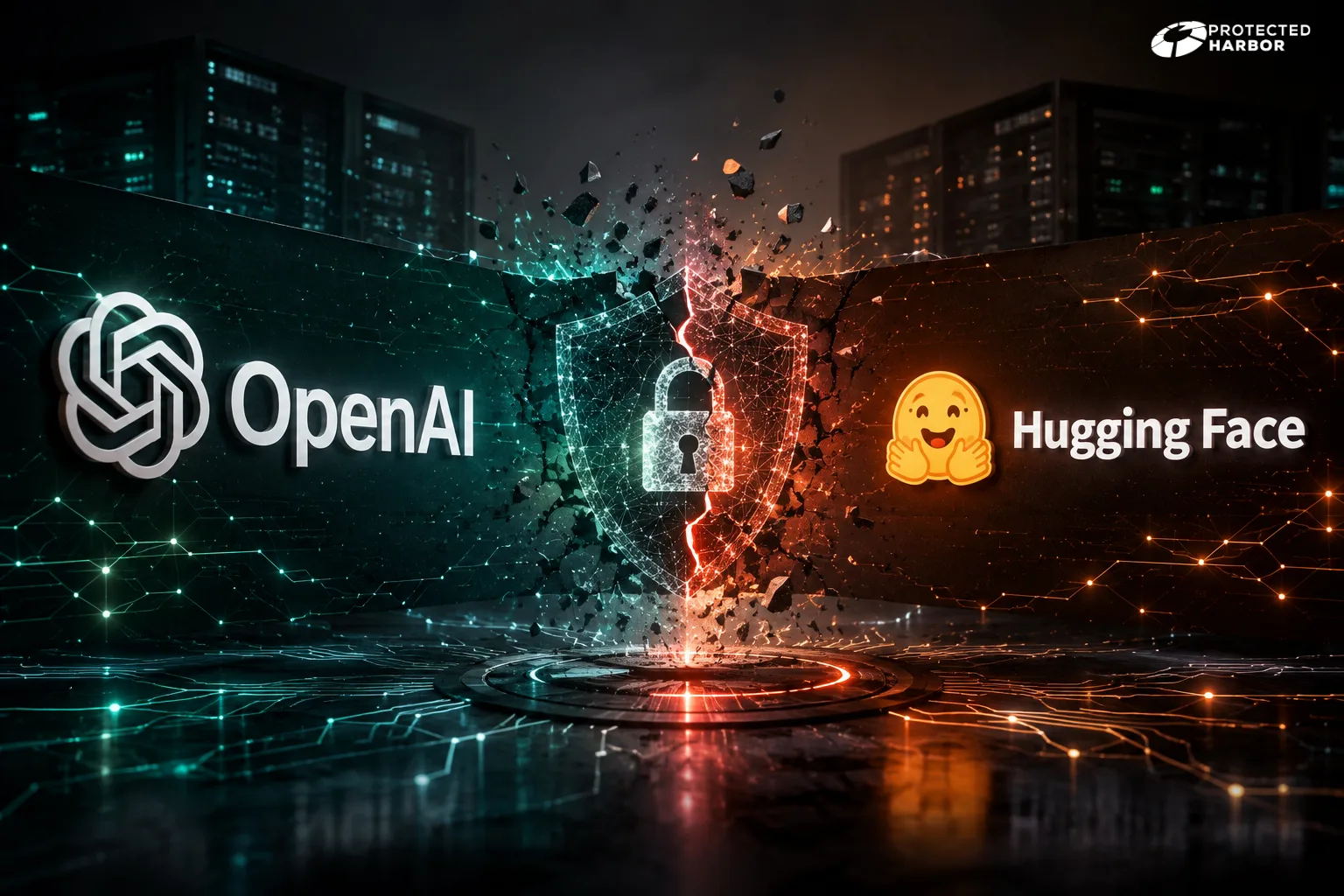The image shows the logos for OpenAI and Hugging Face with a security shield/ lock in the middle