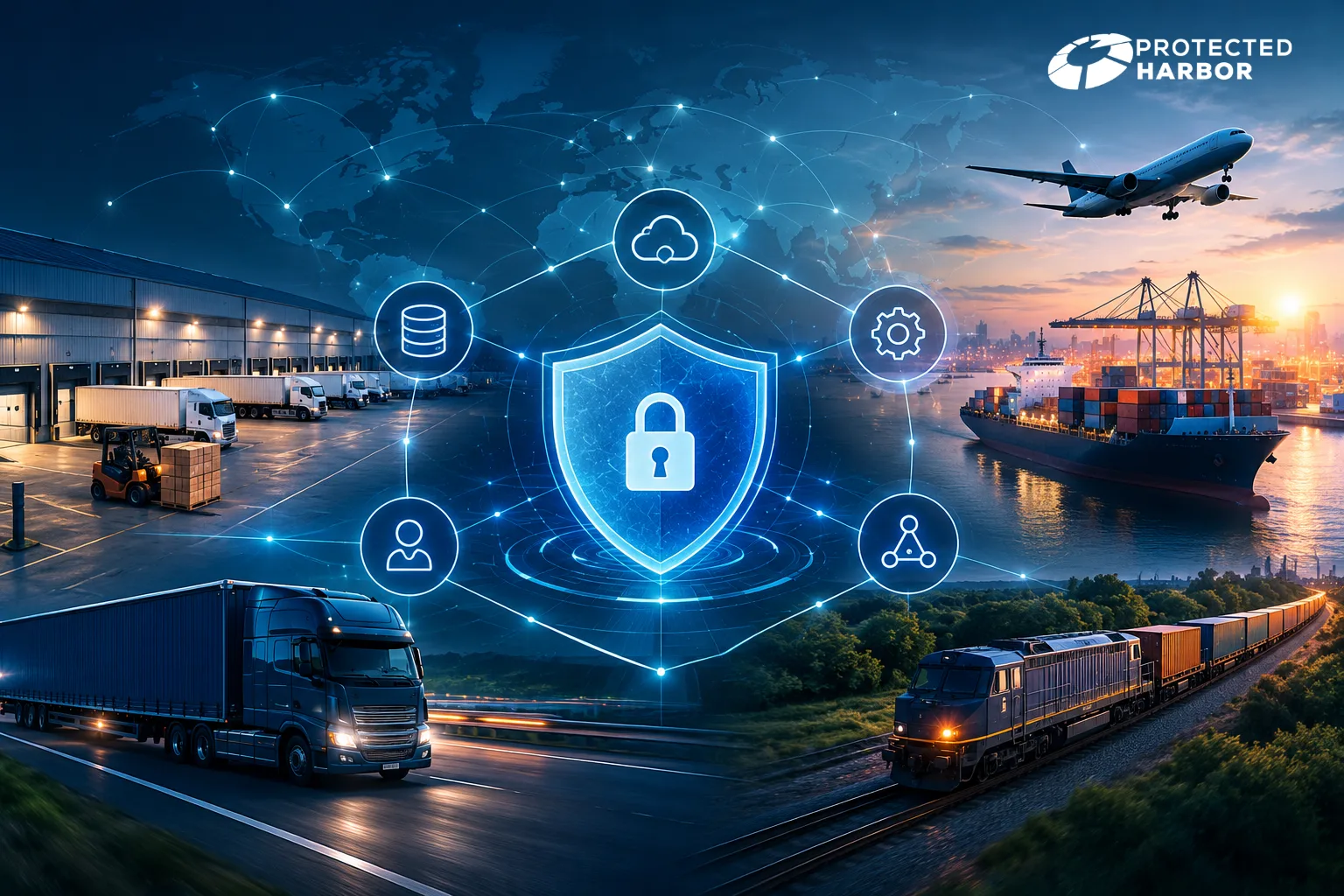 The image shows a Secure Global Logistics Network. There is a glowing security shield in the middle of the image surrounded by trains, semi-trucks, a fulfillment center, a plane, and a  cargo ship